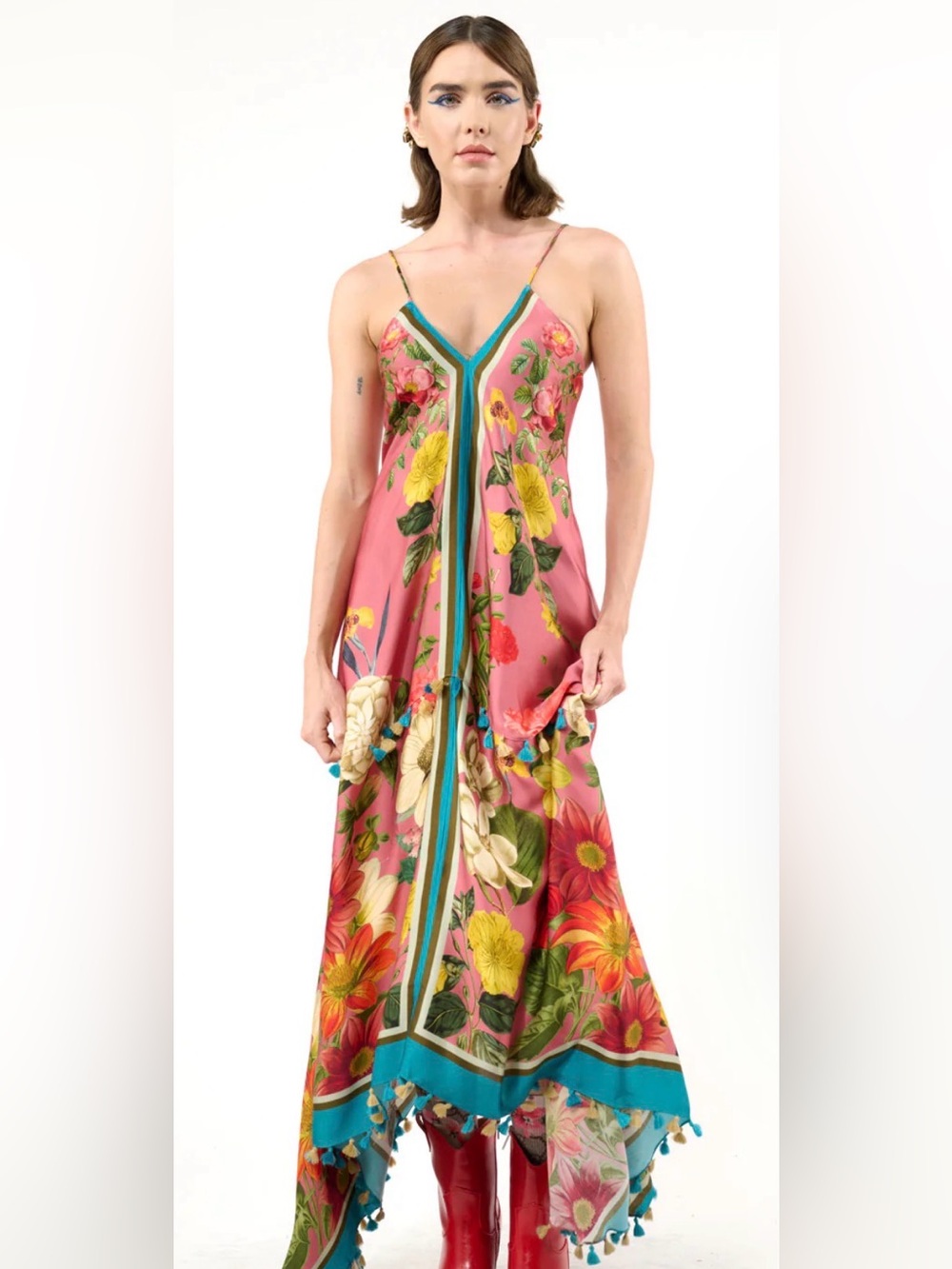 NWT aratta Floral Pink Maxi Dress with V-Neck and Spaghetti Straps